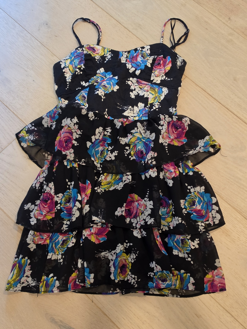 Aeropostale Black Floral Tiered Mini Dress with Pink & Blue Roses